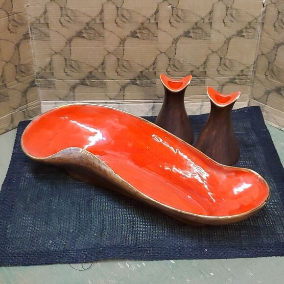 3 Piece -Vintage Cal Orig. CaliUSA Pottery Bright Orange/brown dish, candlestick - Picture 1 of 12
